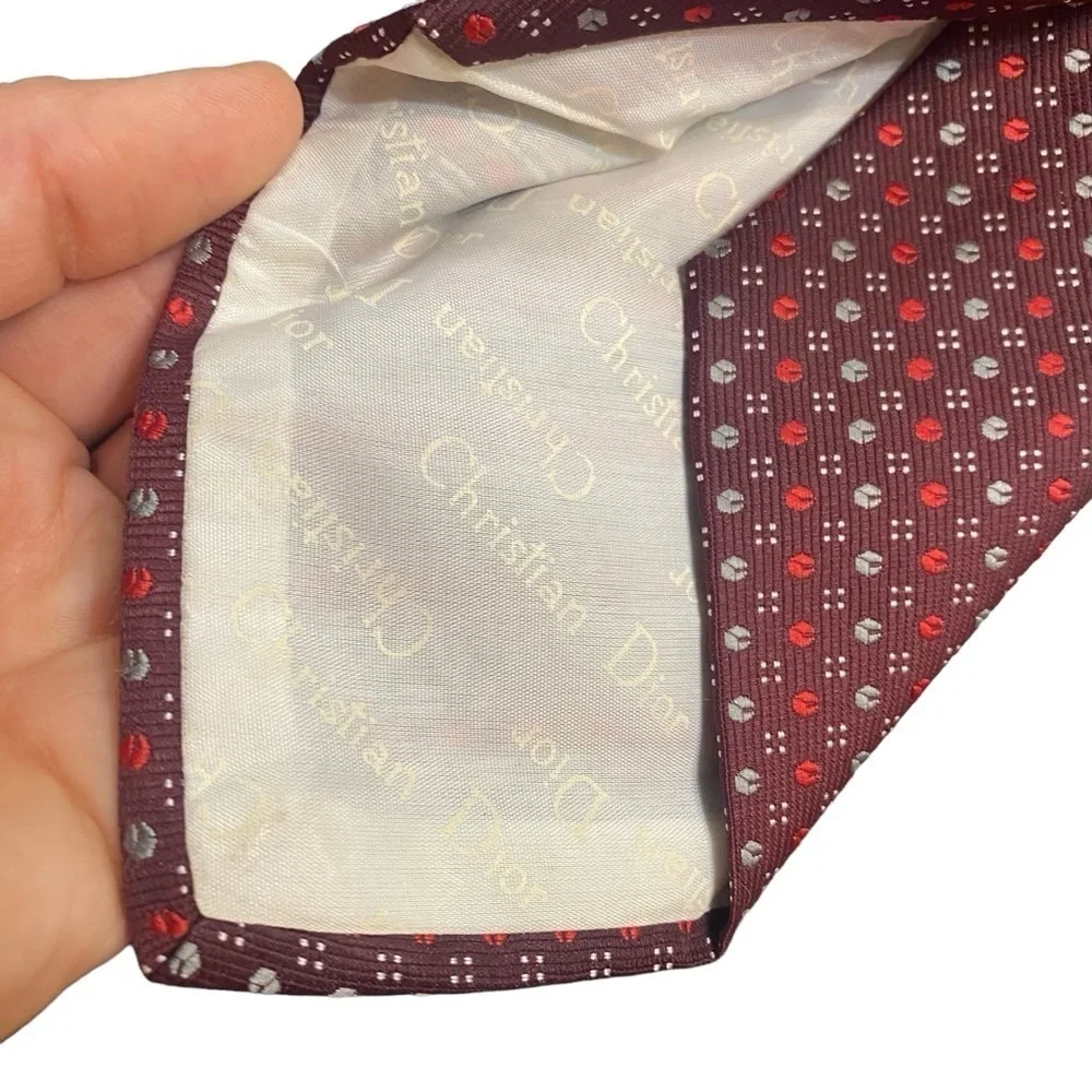 Christian Dior Burgundy Cream Dot Tie